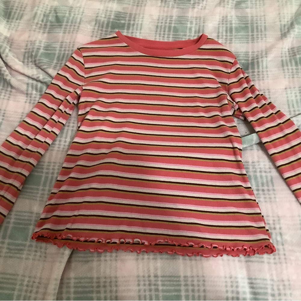 Pink White Green Brown Striped Girls Long Sleeve Shirt